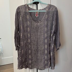 Johnny Was Gray Embroidered Blouse